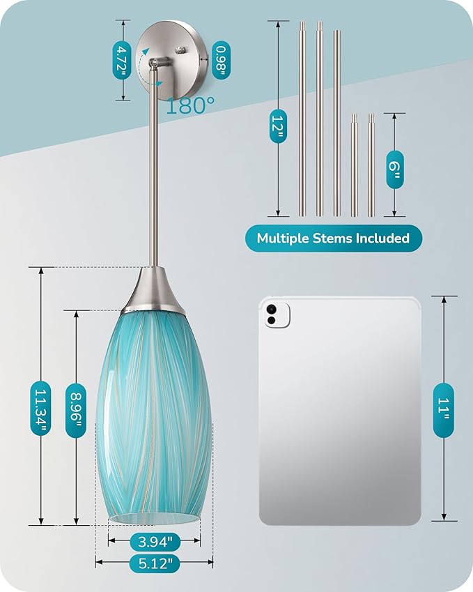 EDISHINE Pendant Lights Kitchen Island, Blue Handcrafted Art Glass, Blown Glass Pendant with 5.12” Dia x 11.40” H Shade, Teal with Gold, Adjustable Brushed Nickel Rods, Hardwired Over Island Bar, E26