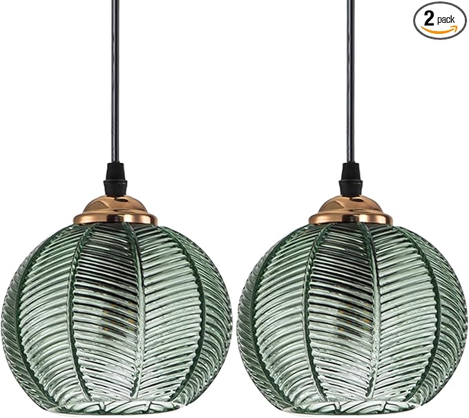 Globe Pendant Light 2 Pack Island Pendant Lights for Kitchen Hand Blown 1-Light Small Glass Pendant Light with Green Ribbed Shade mid Century Pendant lamp for Dining Room Bedroom