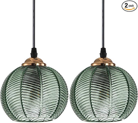 Globe Pendant Light 2 Pack Island Pendant Lights for Kitchen Hand Blown 1-Light Small Glass Pendant Light with Green Ribbed Shade mid Century Pendant lamp for Dining Room Bedroom