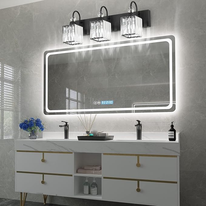 Ralbay Modern Crystal Black Vanity Light 3 Light Bathroom Light Fixtures Over Mirror Matte Black Crystal Bathroom Wall Lighting