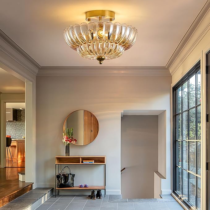 Semi Flush Mount Ceiling Light Fixture, 12" Vintage Gold Ceiling Light with Amber Glass Shade, 3-Light Close to Ceiling Light for Hallway Entryway Bedroom Kitchen, Mid Century Modern