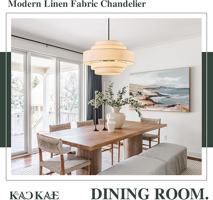Black Modern Chandelier 26'' Drum Chandeliers with 5-Layer Fabric Shade 6-Light Linen Pendant Light Fixture for Dining Room Bedroom Kitchen Hallway Foyer