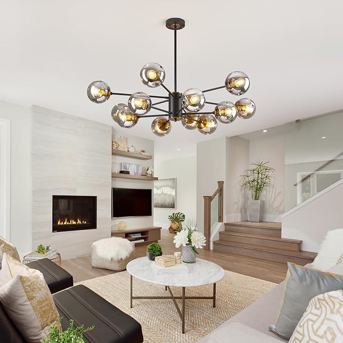 DDLLDESHI 2 Tiered Modern Gold Chandelier Sputnik Ceiling Light Fixture with 12 Globe Glass Bubble Shade Chandeliers for Dining Room Hotel Bar Home Billiard Room (41" Large Black Chandelier)