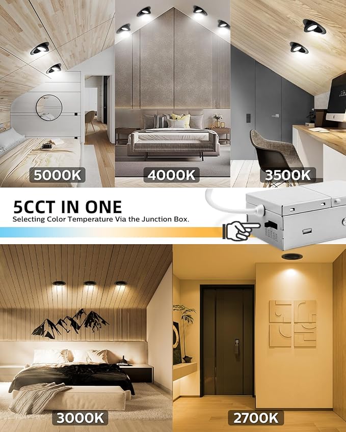 Adetu 4 inch 5CCT Gimbal Black Led Recessed Lights, 360°+90° Adjustable Directional Recessed Lighting, 2700K-5000K Dimmable Retrofit Eyeball Can Lights with Jbox, ETL&Energy Star (Black, 12 Pack)