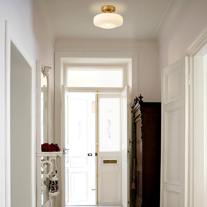 Modern Ceiling Light,10.24 inch,Milk White Glass Shade,Gold Finish Flush Mount Light Fixture for Hallway, Entryway, Laundry Room