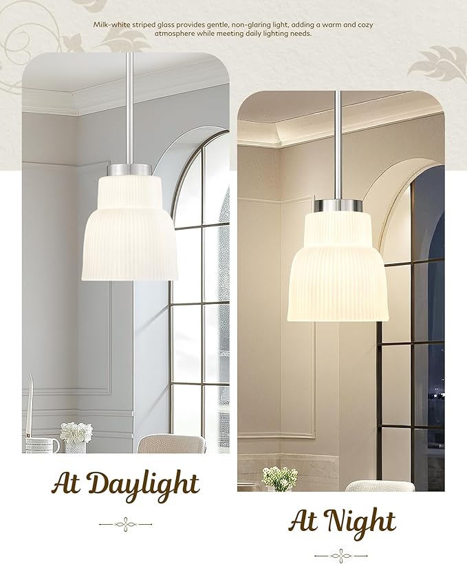 FEMILA 6.7" Milk Glass Pendant Lights Kitchen Island, Brushed Nickel Antique Chandelier, Hanging Light Fixture for Bedroom Hotel Living Room, 4FYD87MIL BN