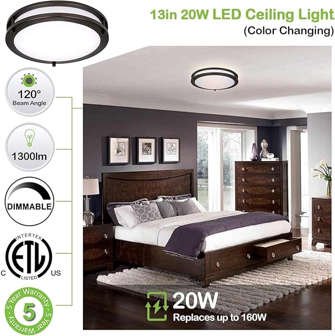hykolity 13 inch Flush Mount LED Ceiling Light Fixture, 2700K/3000K/3500K/4000K/5000K Adjustable Ceiling Lights, Oil Rubbed Bronze Saturn Dimmable Lighting for Hallway Bathroom or Kitchen, ETL Listed