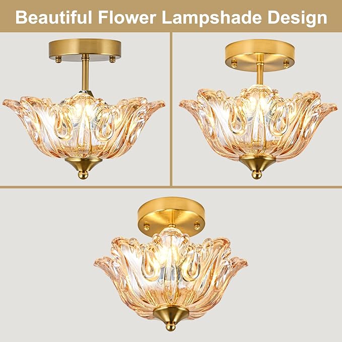 Semi Flush Mount Ceiling Light, Gold Vintage Light fixtures with Floral Amber Glass Shade, Modern Close-to-Ceiling Lighting for Bedroom Kitchen Living Room Hallway