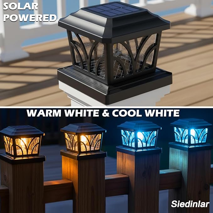 SIEDiNLAR Solar Post Cap Lights Outdoor, Aluminum Glass 2 Modes Edison LED Bulbs for 4x4 5x5 6x6 Wooden/Vinyl Posts Fence Deck Patio Decor, Warm White/Cool White Lighting 8 Pack (Black)