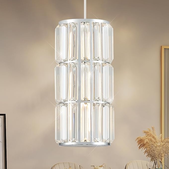 Chrome Crystal Pendant Light for Kitchen Island, Modern Mini Hanging Light Fixture with Adjustable Cord, 1-Light Polished Chrome Pendant Lighting for Dining Room, Bedroom, Bathroom, Bar