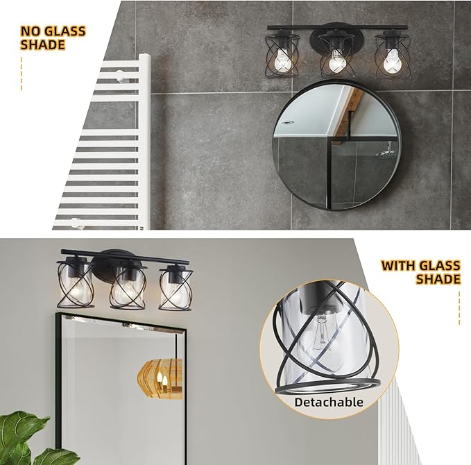 mavcadonf 3-Light UL Certified Bathroom Vanity Light, Matte Black Farmhouse Wall Sconce Over Mirror Lighting Fixture with Clear Glass Shade for Bathroom Kitchen Bedroom Hallway