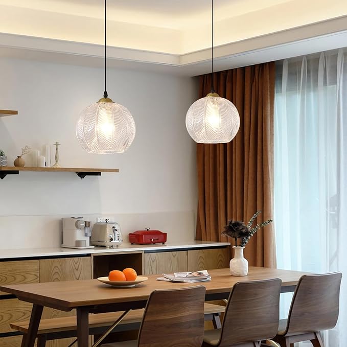 Clear Glass Pendant Light, Single Large Globe Shade Hanging Chandelier, 9.8-Inch Hand Blown Glass Ball Pendant Light Fixtures for Kitchen Island, Staircase, Dining Room, Living Room, Bedroom