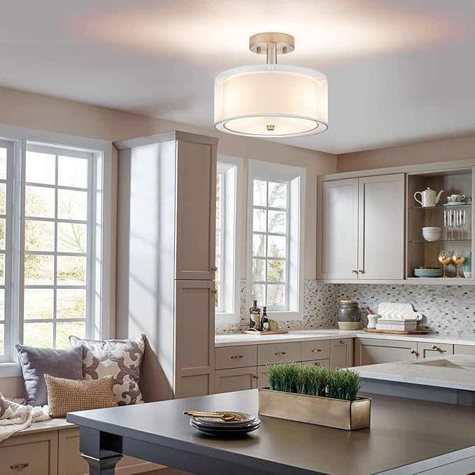 FOLKSMATE 3-Light Semi Flush Mount Ceiling Light Fixture, 14 Inch Drum Light with Double Fabric Shade, Modern Close to Ceiling Lamps for Dining Room Kitchen