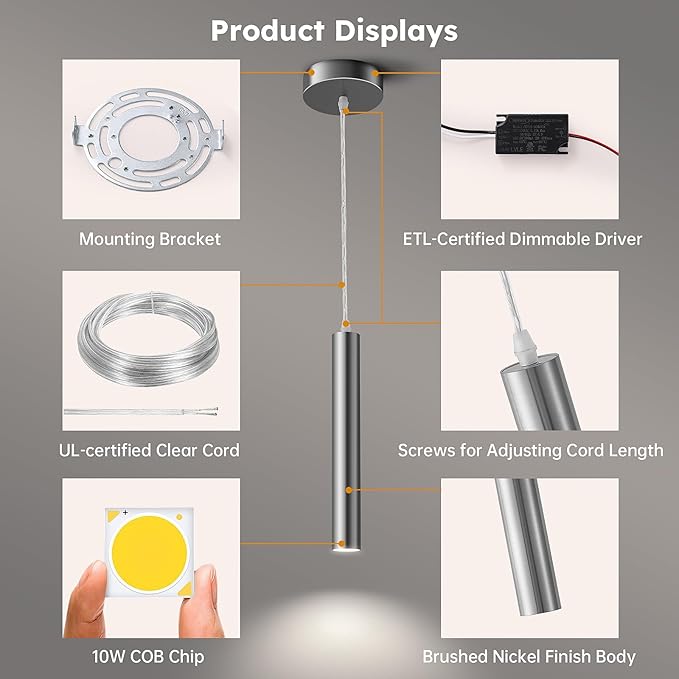 Modern Brushed Nickel Pendant Light, 10W Dimmable Integrated COB LED Adjustable Hanging Downward Lighting Fixtures for Kitchen Island, Dining Room, Bar, 4000K Neutral White, ETL Driver, 3 Pack