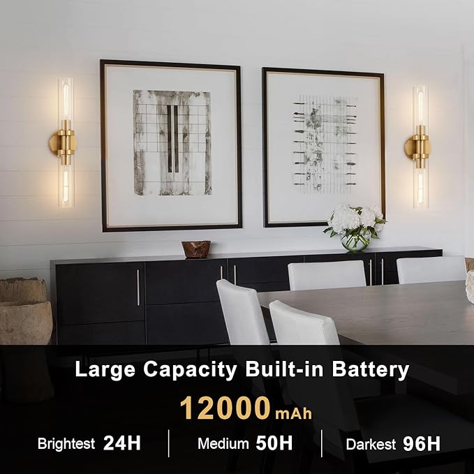 SANTOSTOCK Gold Battery Operated Wall Sconce Set of 2, 12000mAh Rechargeable Wall Lights with Remote Control, Wireless Dimmable Wall Lamps for Bedroom Living Room Bathroom Hallway Stairwell