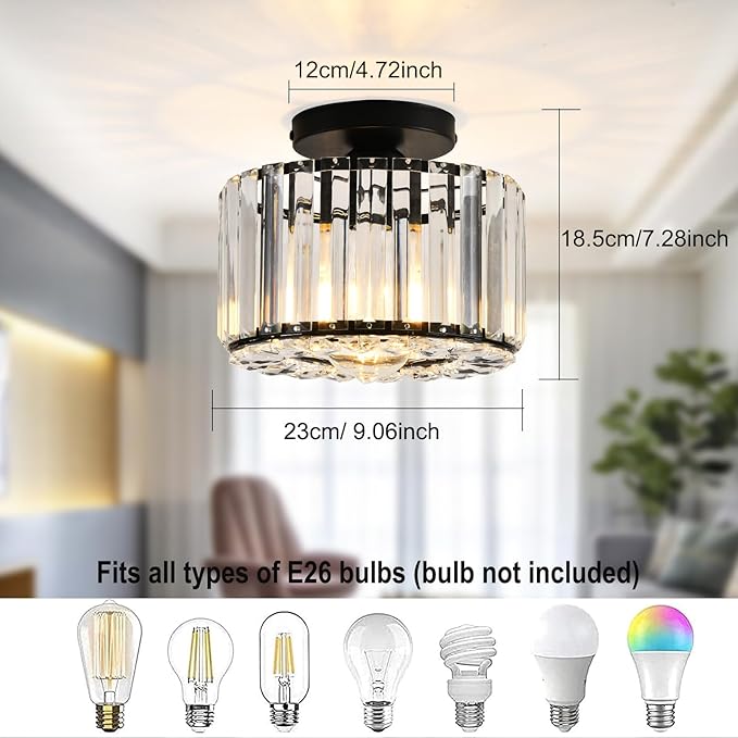 Black Crystal Semi Flush Mount Ceiling Light, Modern Chandelier, 9.06" Diameter, 7.28" Height, Bedroom, Dining Room, Kitchen