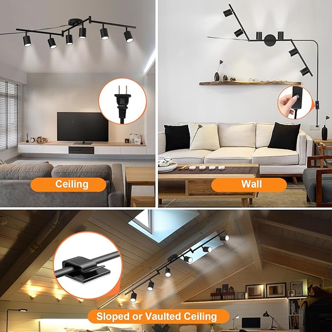 Plug in Track Lighting Kit, 120cm LED 6 Light Kitchen Track Lighting, Corded Wall Light with 16.4ft Cord, 6 Way Ceiling Spot Lighting Flexibly Rotatable Head Includes 6 x GU10 Bulb (6-Black-120cm)
