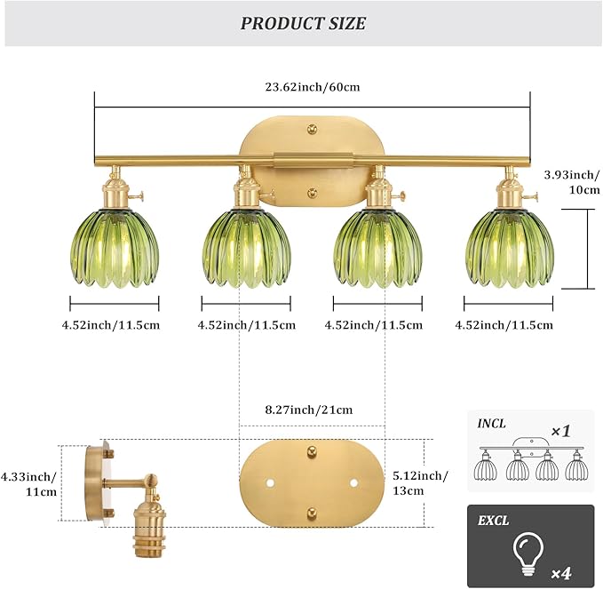 Shenmoyl Bathroom Light Fixtures, 4-Light Brass Vanity wall Light Over Mirror with Green Tulip Glass Shade for Bedroom Living Room (Bulb Not Included)