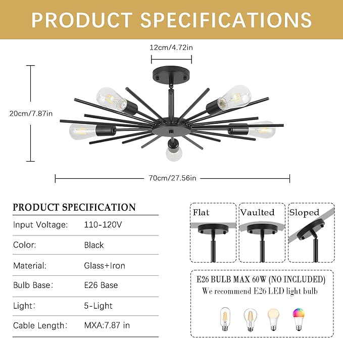 Black Semi Flush Mount Ceiling Light, 27.5 Inch 5-Light Large Sputnik Flush Mount Light Fixtures, Farmhouse Industrial Sloped Ceiling Lighting for Kitchen, Entryway, Bedroom, Living Room