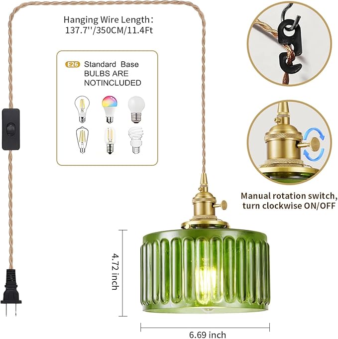 Plug in Pendant Light, Hanging Lights with Plug in Cord, Hanging Light Fixture with Clear Glass, E26 Pendant Lighting for Kitchen Island, Bedroom, Dining Room, Living Room-Green