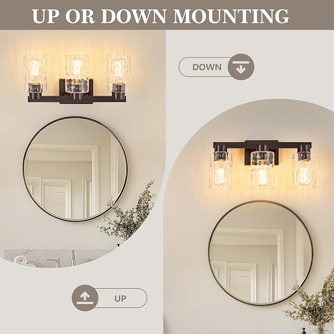 3-Light Bathroom Light Fixtures Modern Oil Rubbed Bronze Vanity Lights with Water Ripple Glass Wall Sconces Over Mirror for Bathroom, Powder Room, Living Room