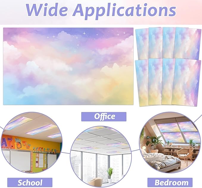 8 Pcs Fluorescent Light Covers with 80 Magnets Decorative for Classroom Ceiling Light 4 x 2 Feet Magnetic Light Covers Filter Easy Install for Office Hospitals & Home Drop Ceiling Supplies(Rainbow )