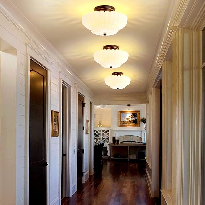 Semi Flush Mount Ceiling Light Fixture Vinatge Black Ceiling Lights Mid Century Modern Milk White Glass Close to Ceiling Lighting Fixtures for Bedroom Hallway Foyer Bathroom Kitchen Laundry Room