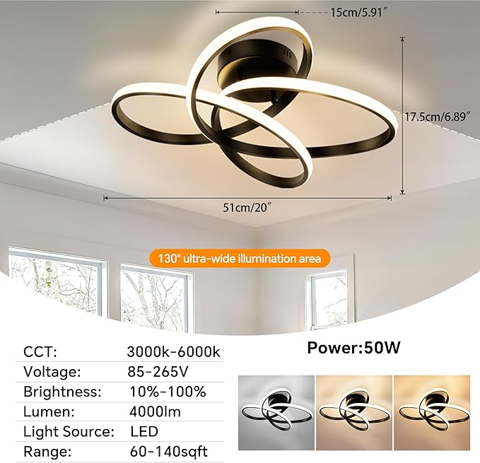 Modern LED Chandelier, 50W LED Ceiling Light with Remote Control, 3000-6000K Color Temperature Changing, Black Chandelier for Bedroom, Entryway, Hallway, Kitchen