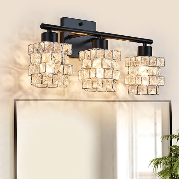 3 Lights Bathroom Vanity Light, Crystal Bathroom Light Fixture Over Mirror, Matte Black & Crystal Rotateable Indoor Wall Lights | Chrome Glass Modern Lampshade for Sink, Mirror & Foyer Corridor