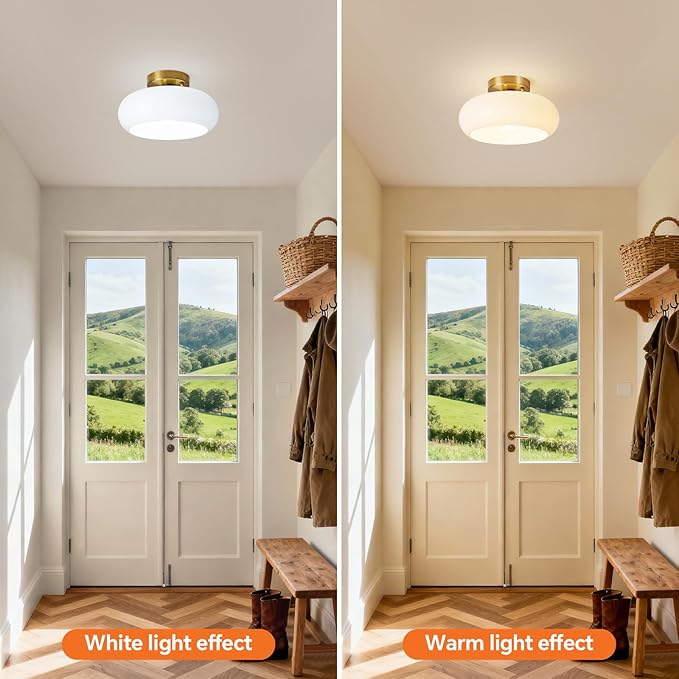 Semi Flush Mount Ceiling Light, Mid Century Modern Gold Light Fixture with Milk Glass Shade 11.02''Vintage Ceiling Lamp for Entryway Hallway Foyer, Laundry Room, Schoolhouse