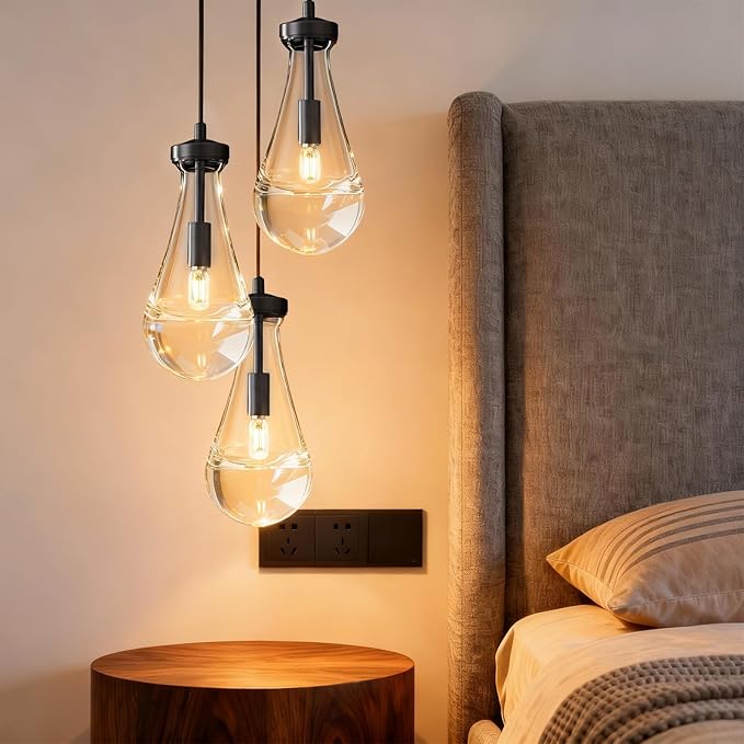 Raindrop Pendant Light Kithcen Island, Raindrop Chandelier Black Teardrop Pendant Lights with Adjustable Hanging Rope,Glass Pendant Light for Dining Room,Corridor (3-Light),Bulb Included