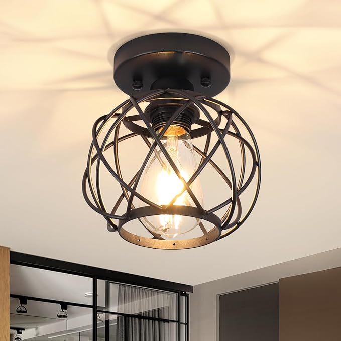 Hallway Light Fixtures Ceiling,Semi Flush Mount Ceiling Lights Fixtures Black Metal Cage Indoor Industrial Ceiling Lights Modern Crystal Ceiling Light Fixture for Porch Entryway Foyer Bathroom