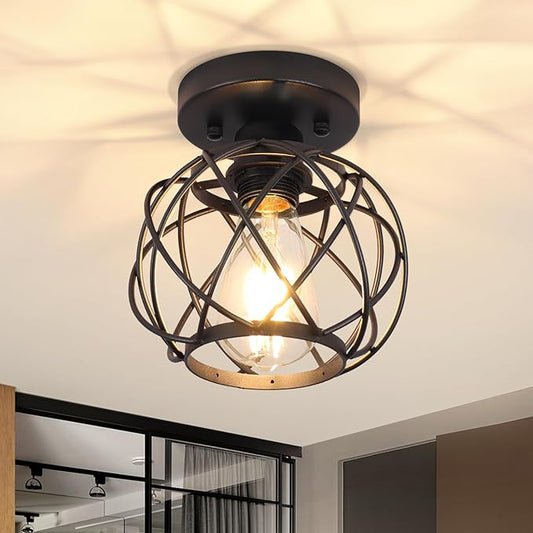 Hallway Light Fixtures Ceiling,Semi Flush Mount Ceiling Lights Fixtures Black Metal Cage Indoor Industrial Ceiling Lights Modern Crystal Ceiling Light Fixture for Porch Entryway Foyer Bathroom