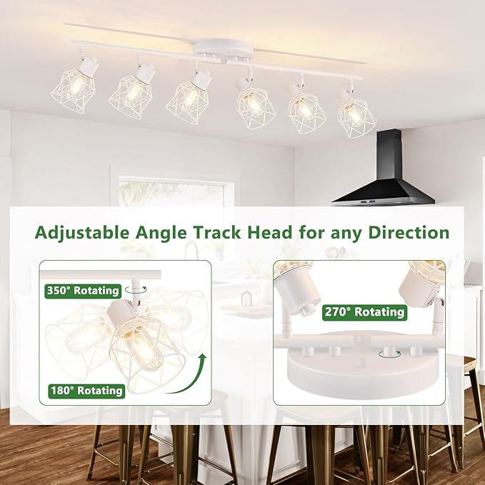 6-Lights White Semi Flush Mount Ceiling Light with Geometric Metal Cage, Modern Kitchen Track Lighting Fixtures Ceiling, Rotatable Close to Ceiling lamp for Entryway, Living Room, Hallway