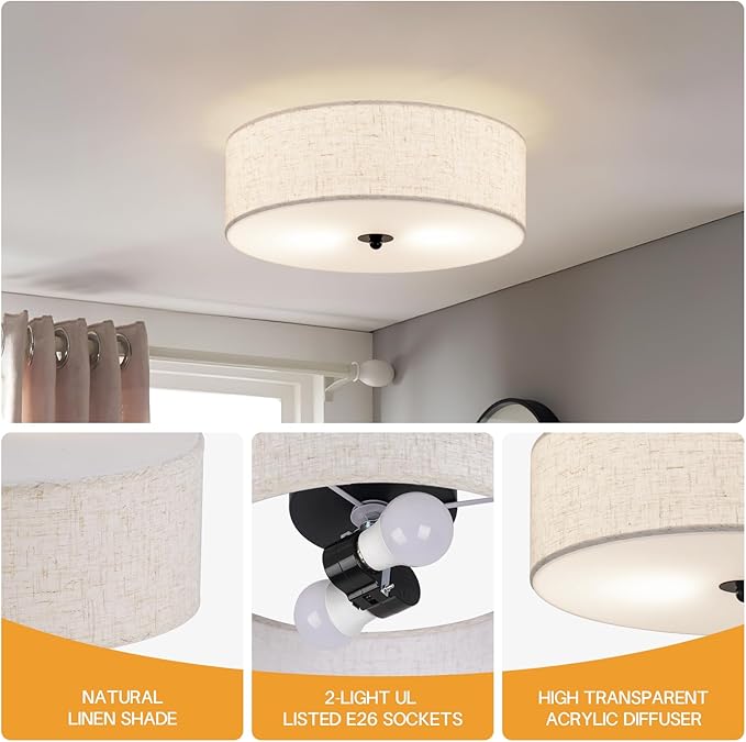 Flush Mount Ceiling Light Fixture, 13" Close to Ceiling Light with Beige Fabric Linen Drum Shade, 2-Light Modern Round Ceiling Light for Bedroom Hallway Dining Kitchen