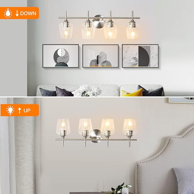 Bathroom Light Fixtures 4-Light Brushed Nickel Bathroom Vanity Light with Clear Glass Shade, Modern Wall Lights for Bedroom Hallway Living Room (Nickel, 4-Light)