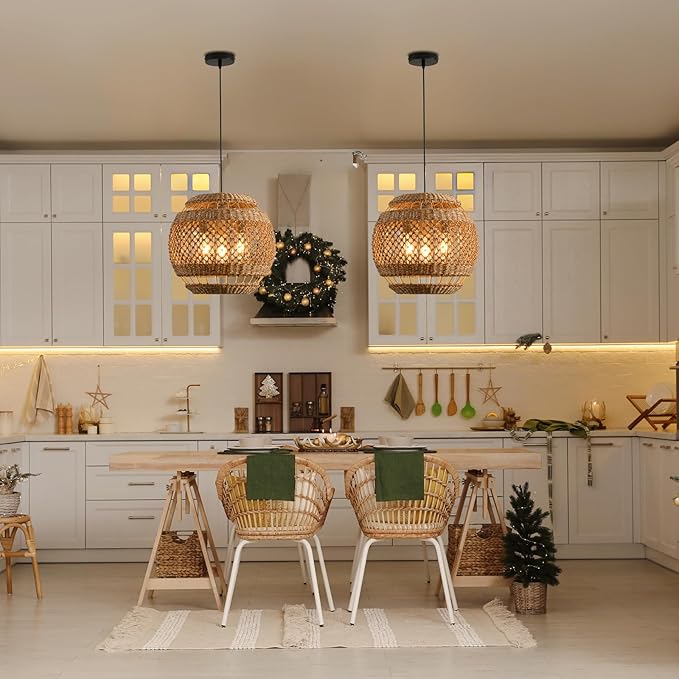 15.75" Rattan Pendant Light 3-Light Boho Seagrass Hanging Light Hand Woven Water Plants Rattan Chandelier for Dining Living Bedroom Kitchen Farmhouse