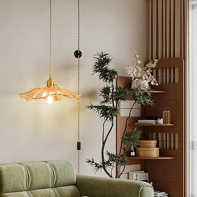 Plug in Glass Pendant Lights Kitchen Island Brass Glod Vintage Hanging Light Fixture Flower Light for Bedroom Kitchen Hallway Corded On/Off Switch Bathroom Amber Sunflower