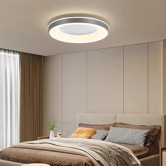 LED Flush Ceiling Light, 15in Grey Round Ceiling Light Dimmable 3000K/4500K/6500K Color Recessed Lamp for Living Room, Bedroom, Office,Hallway