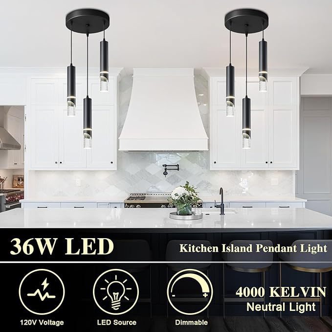 Modern Black Crystal Pendant Ceiling Lamp - 3-Light 36Waht Pendant Light Fixtures - Dimmable Hanging Chandelier Lighting for Dining Room Bedroom - Stylish Kitchen Island Light Fixture