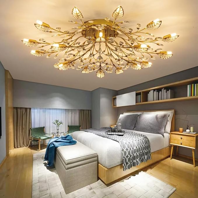 Modern Crystal Ceiling Light Fixture,Gold Semi Flush Mount Chandeliers,Crystal Leaf Ceiling Lighting,Pendent Lamp for Dining Room,Living Room,Bedroom