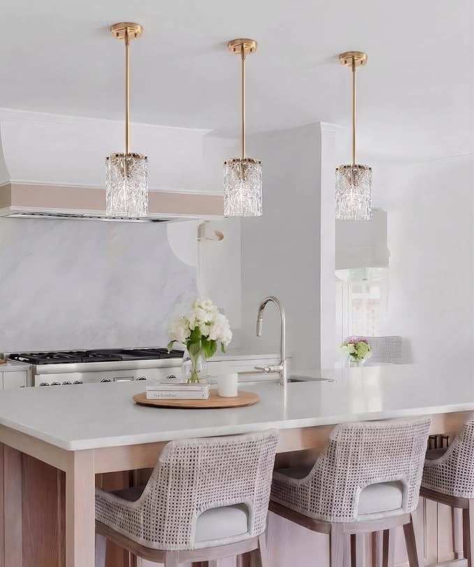 3 Pack Brushed Gold Pendant Light for Kitchen Island, Hand-Made Water Ripple Glass Chandelier, Luxury Modern Brass Adjustable Hanging Ceiling Light Fixture for Dining Room, E26 Base, 6" x 8"