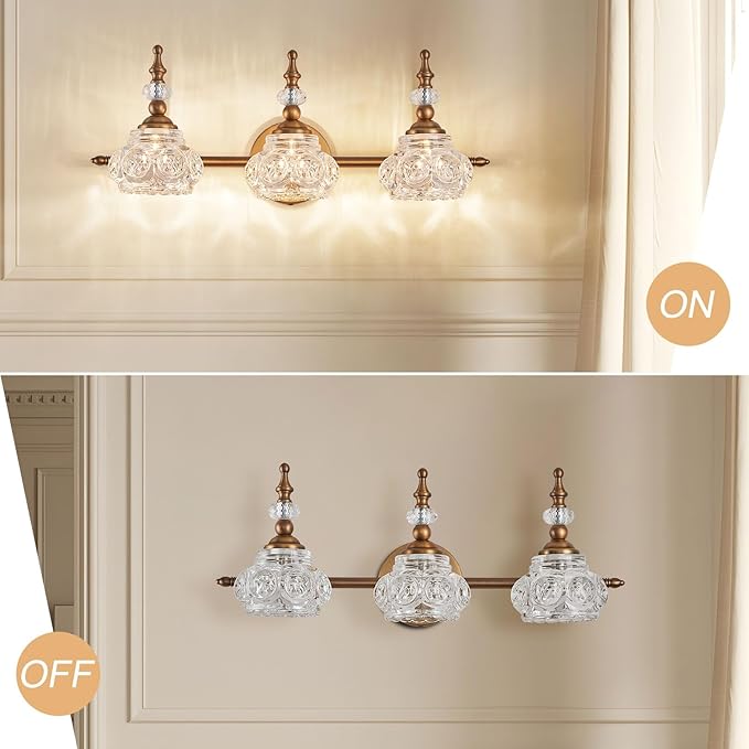 Vintage Vanity Light Fixture, 3 Lights Bathroom Lighting Matte Brushed Antique Brass Finish with Crystal Glass Shade, Vintage Vanity Light for Bathroom Bedroom Living Room