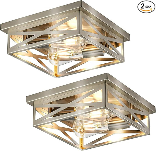 Farmhouse 2-Light Semi Flush Mount Ceiling Light Fixture, Modern Metal Cage Brushed Nickel Square Close to Ceiling Lamp, E26 Base Chandelier Ceiling Mount, Pendant Lighting for Hallway, 2Pack