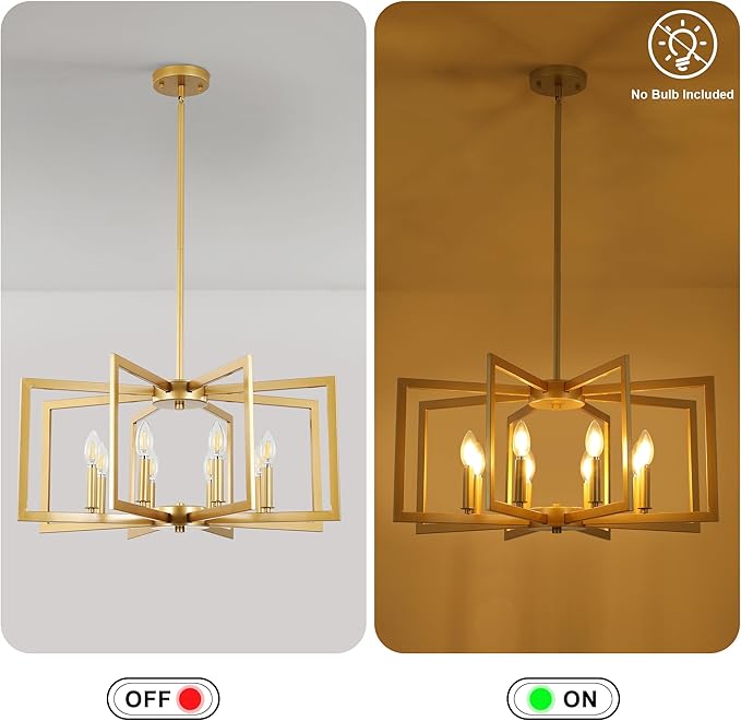 Klgxnrd 8-Light Modern Farmhouse Gold Geometric Chandelier, Large Industrial Metal Kitchen Light Fixtures, Rustic Cage Hanging Lights for Dining Room Entryway Foyer Living Room Stairway