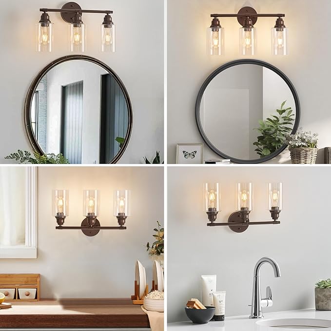 Refice Bathroom Vanity Lights Over Mirrors 3-Light Oil Rubbed Bronze Bathroom Light Fixtures with Clear Glass Shades for Mirror, Living Room, Farmhouse,Hallway (Bulbs Not Included)