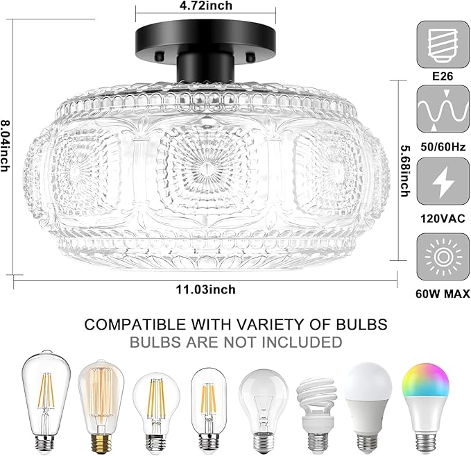 Semi Flush Mount Ceiling Light, Upgraded Larger Black Glass Ceiling Light Fixture, Vintage Lighting for Hallway Kitchen Bedroom Dining Room, Bulb Not Included