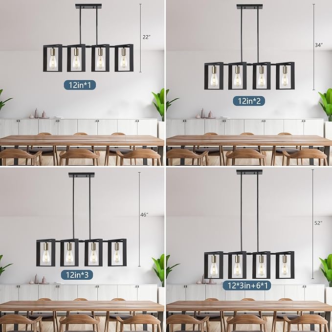 9MMML 4 Lights Wood Chandelier,Industrial Rectangle Linear Dining Room Pendant Light, Black Wood Frame+Gold E26 Socket,Kitchen Island Light for Hallway Bar Pool Table, Height Adjustable
