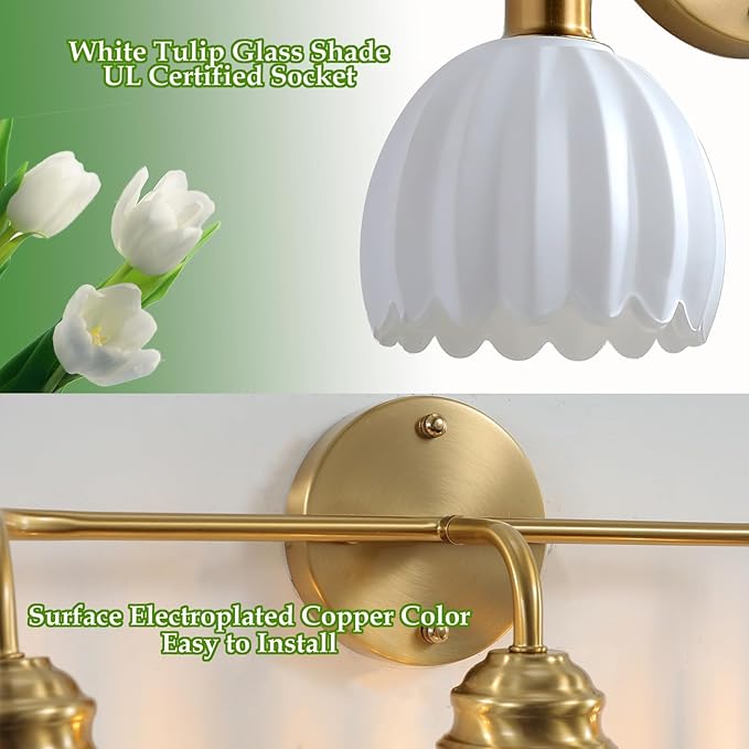 3 Light Vintage Bathroom Light Fixtures, Gold Bathroom Vanity Light, Brass Finish with White Tulip Glass Shade, Wall Lighting for Bedroom, Living Room, Hallway,E26 Base