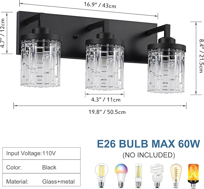 maesta Black Vanity Light, 3 Light Crystal Modern Farmhouse Bathroom Light Fixtures, with Crystal Glass Shade, Rustic Black Bathroom Wall Light Over Mirror for Living Room, Bedroom, Hallway